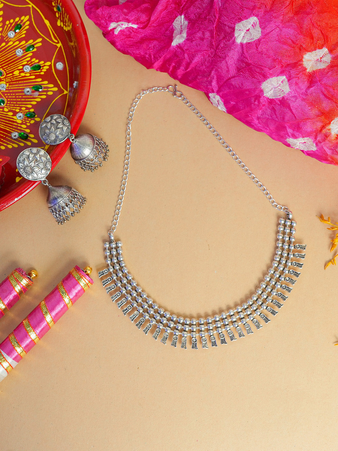 Silver Oxidised Jewelry Set with Dandiya, Dupatta Pooja Thali