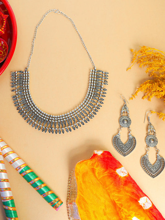 Silver Oxidised Jewelry Set with Dandiya and Dupatta