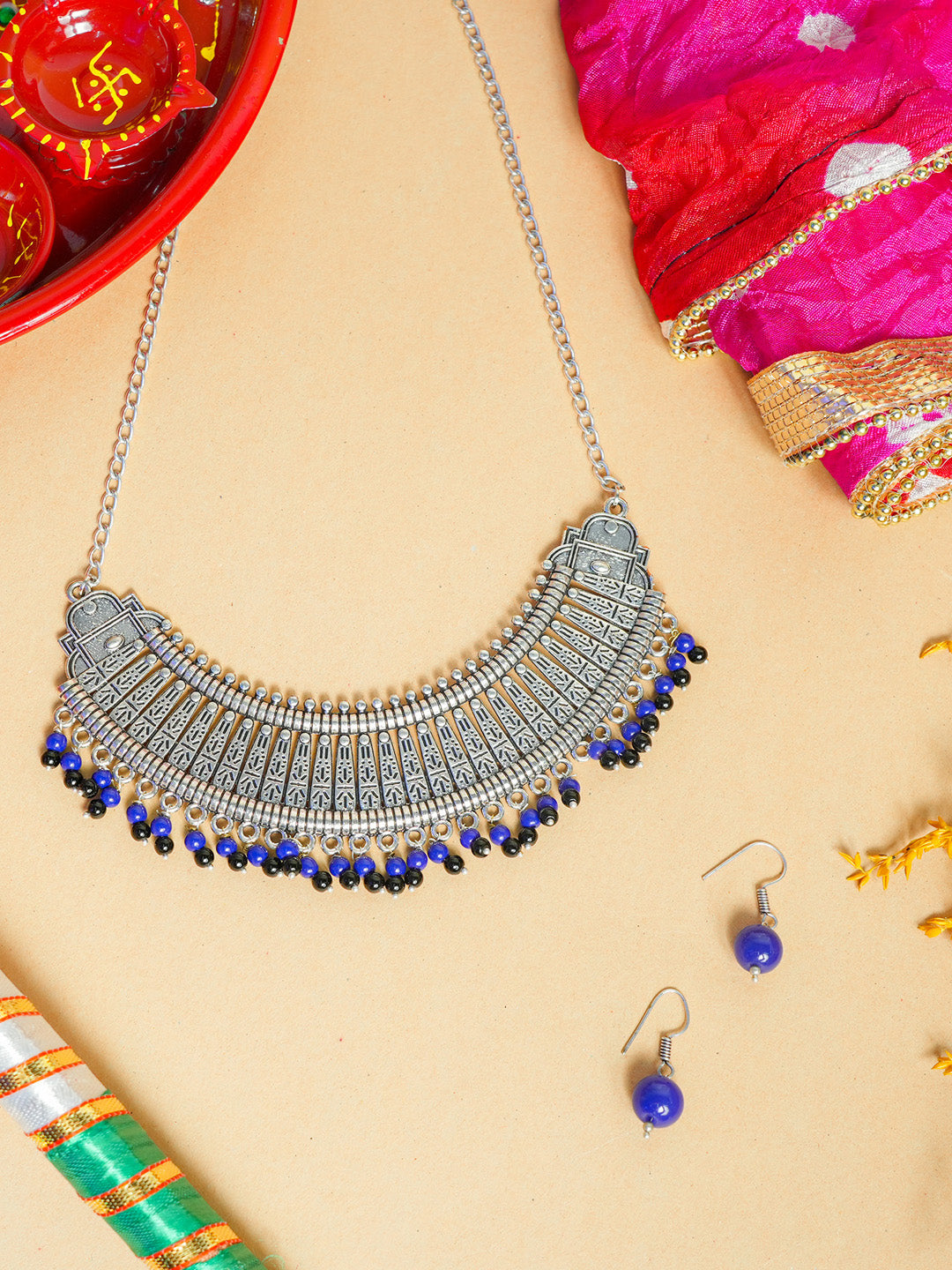 Silver Oxidised Jewelry Set with Dandiya, Dupatta Pooja Thali