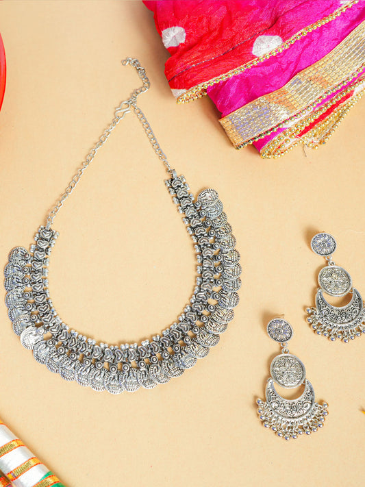 Silver Oxidised Jewelry Set with Dandiya, Dupatta Pooja Thali