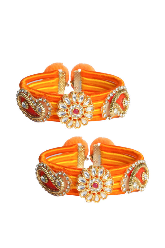 Orange Yellow Kundan Embellished Bangles