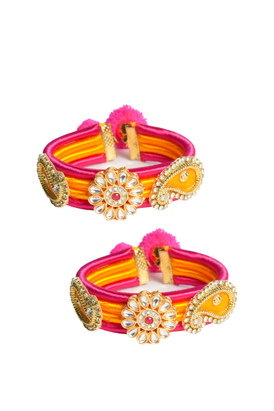 Pink Yellow Kundan Embellished Bangles