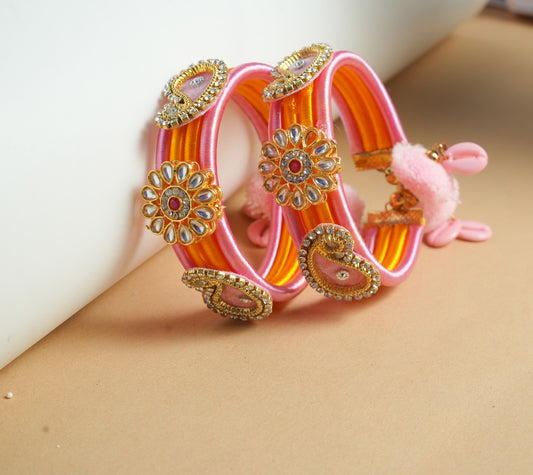 Light Pink Yellow Kundan Embellished Bangles