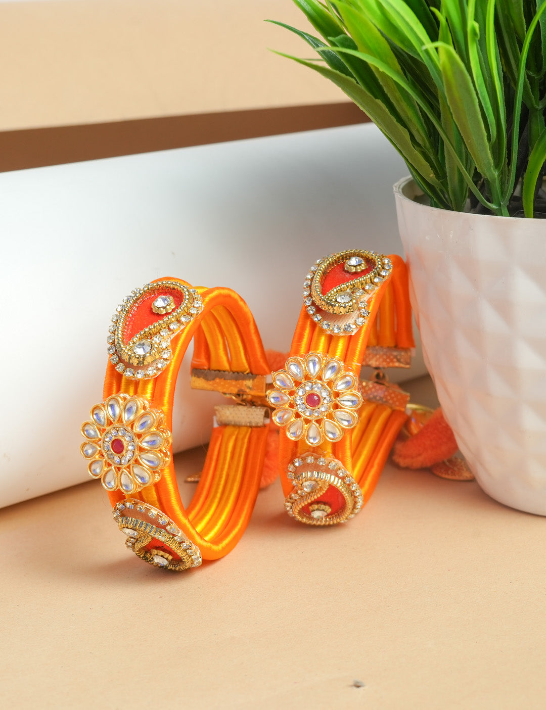 Orange Yellow Kundan Embellished Bangles