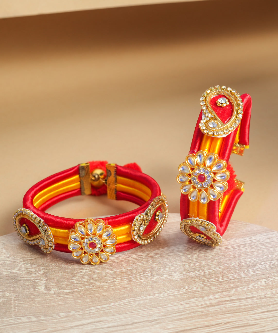 Red Yellow Kundan Embellished Bangles