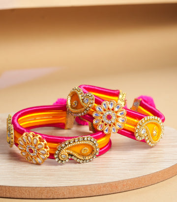 Pink Yellow Kundan Embellished Bangles