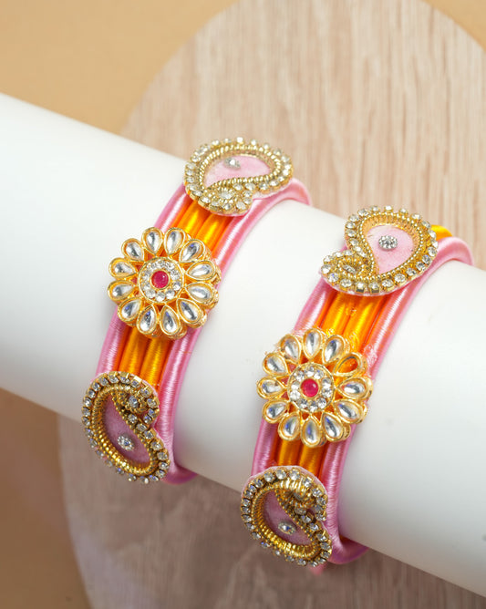 Light Pink Yellow Kundan Embellished Bangles