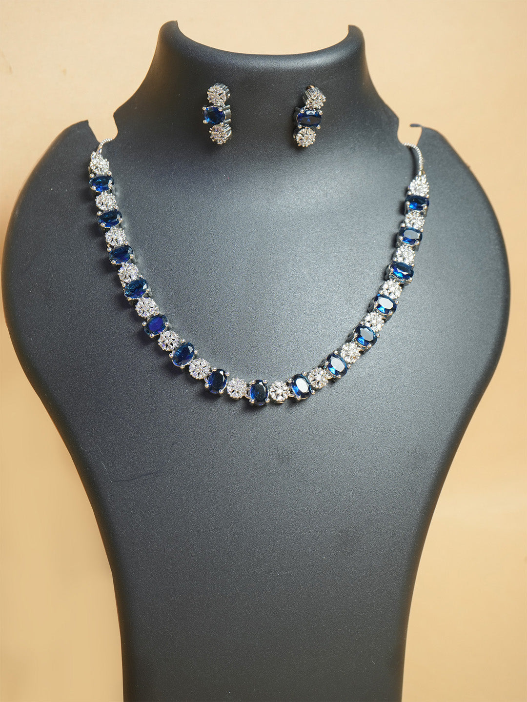 "Rhodium Plated Blue Sapphire & Cubic Zirconia Studded Necklace Set "