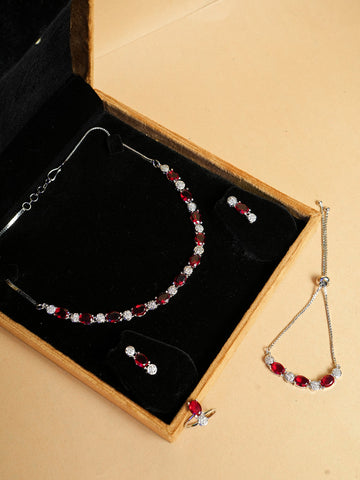 " AD Silver-Plated Rubi & Cubic Zirconia Studded Necklace Set "