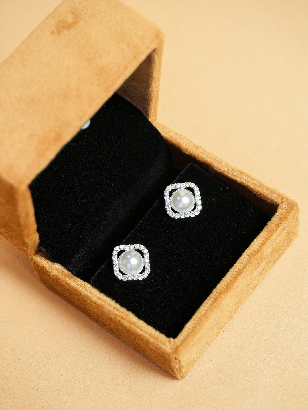 Square-Frame Pearl Stud Earrings with Crystal Border