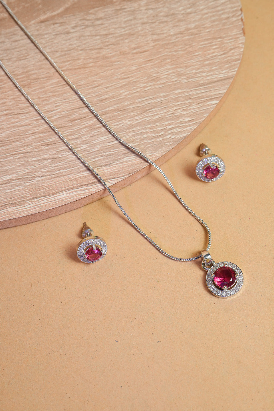 AD Rhodium-Plated Ruby & CZ Square Pendant Necklace Set