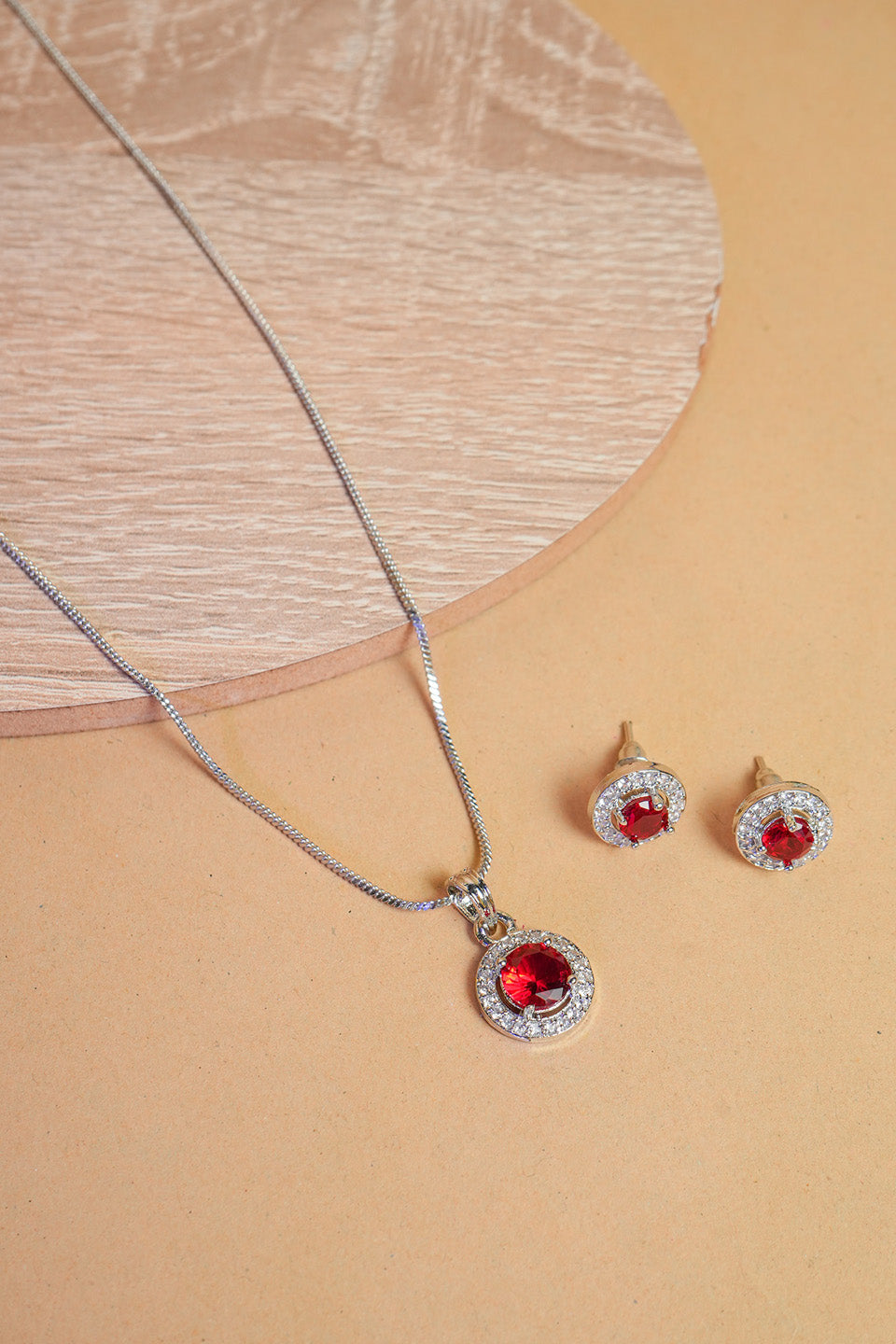 Rhodium-Plated Ruby & CZ Studded Round Pendant Necklace Set