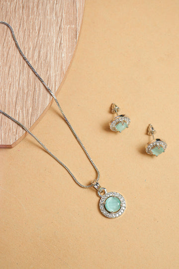 AD Rhodium-Plated Mint Green Crystal Pendant Necklace Set