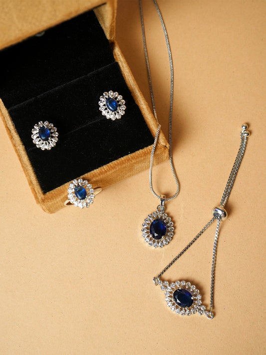 Rhodium-Plated Sapphire CZ Pendant Necklace Set