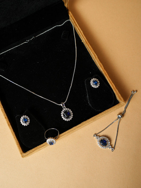 Rhodium-Plated Sapphire CZ Pendant Necklace Set