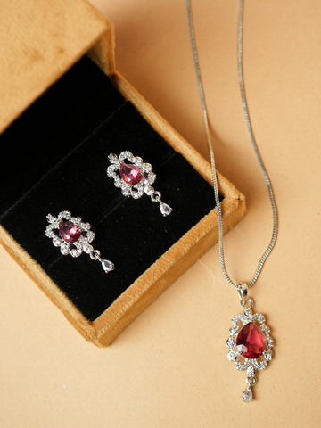 Radiant Ruby Red Necklace and Earring Set with Zircon Detailing