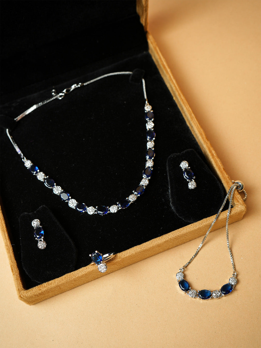 Elegant Silver-Plated Blue Sapphire Necklace Set with Ring & Bracelet