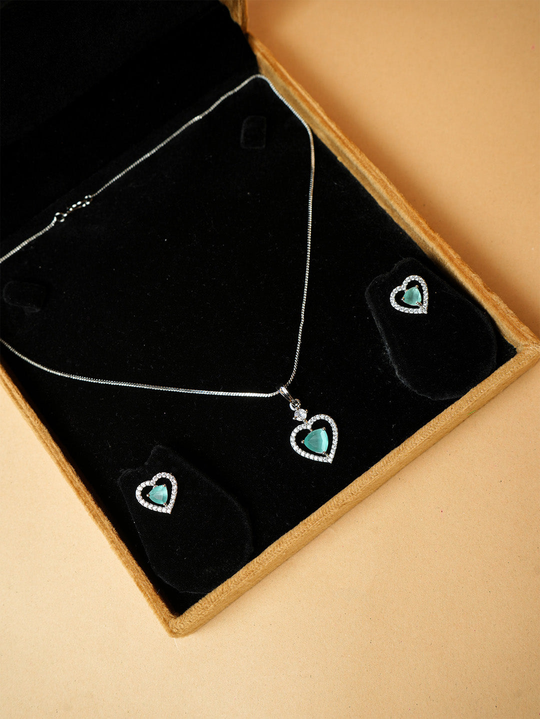 Heart-Shaped Aquamarine Pendant and Stud Earrings Set with Zircon Accents