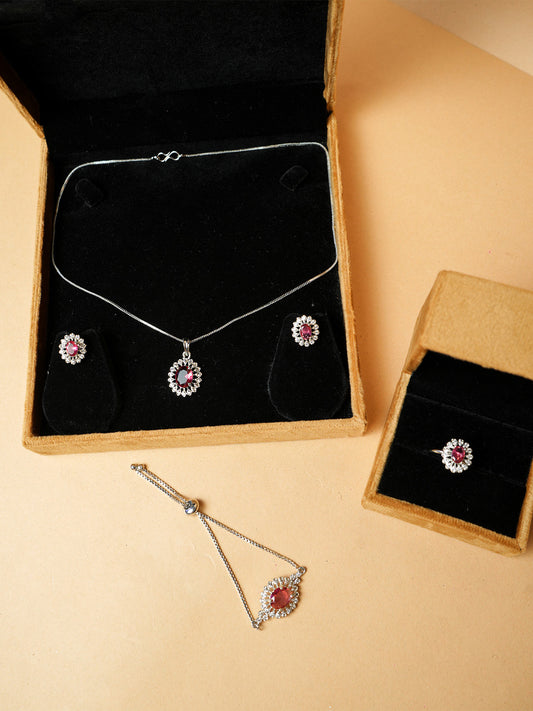 Rhodium-Plated Ruby & CZ Square Pendant Necklace Set