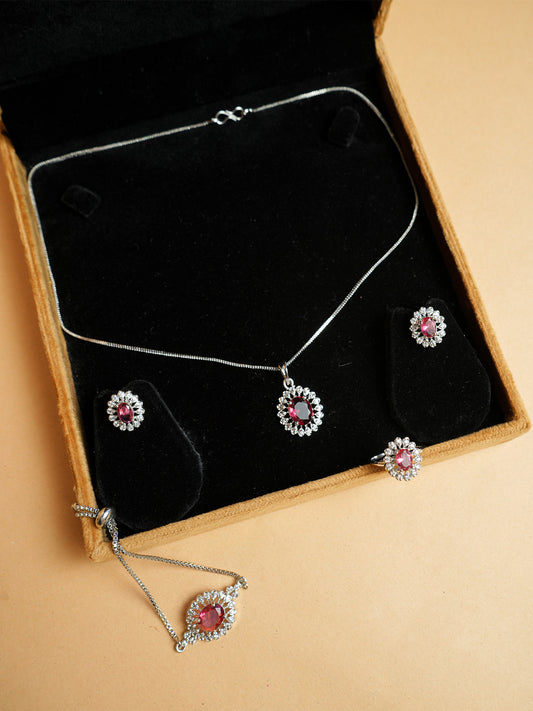 Rhodium-Plated Ruby & CZ Square Pendant Necklace Set