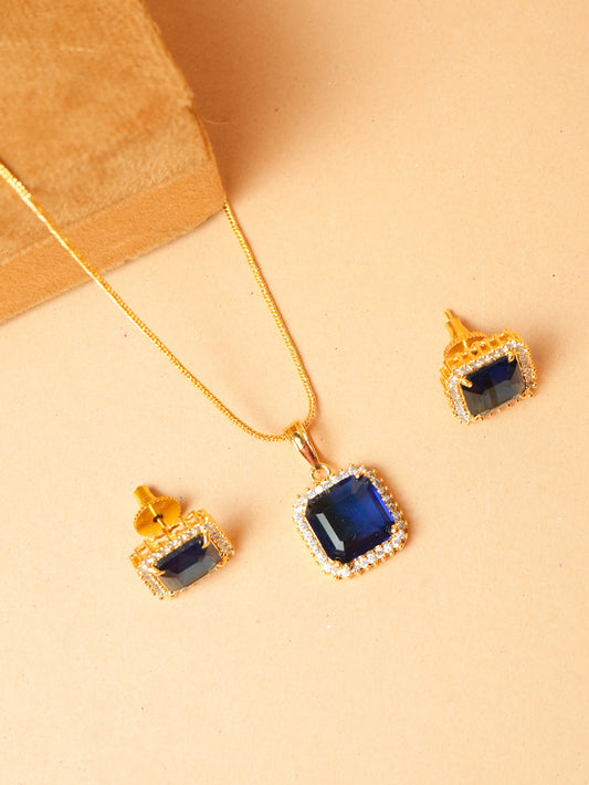 Royal Blue Square Stone Pendant Necklace & Earring Set