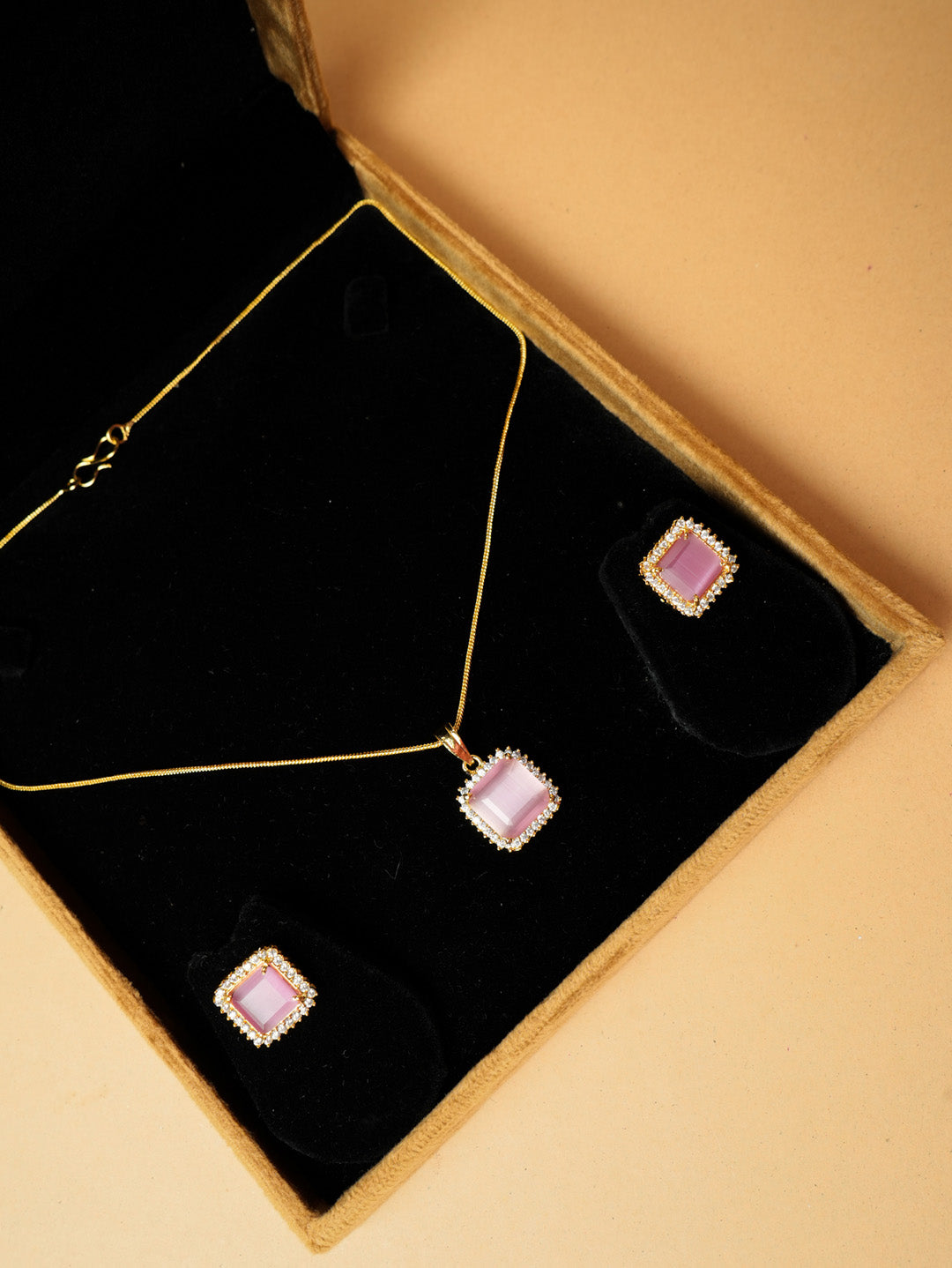 Pink Square Stone Pendant Necklace & Earring Set