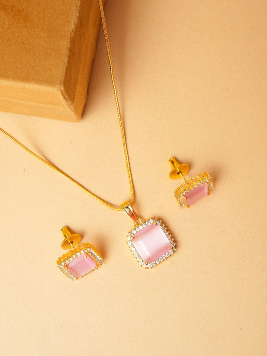 Pink Square Stone Pendant Necklace & Earring Set