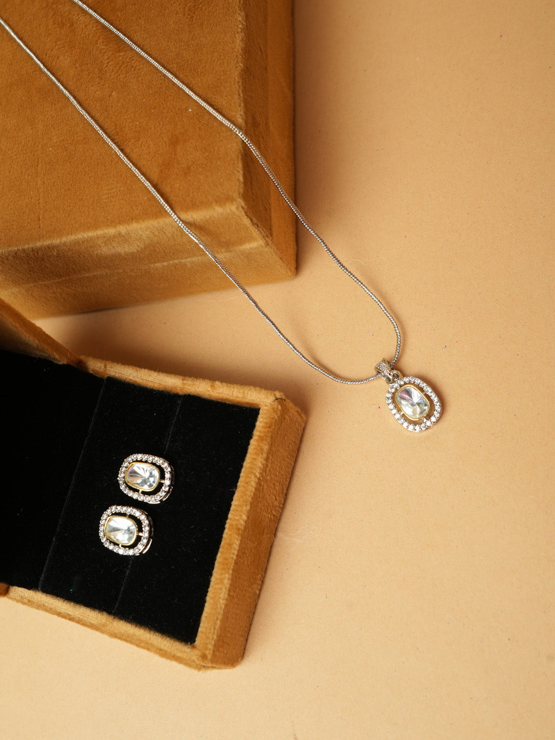 Silver-Plated Pendant and Earring Set with Crystal Accents