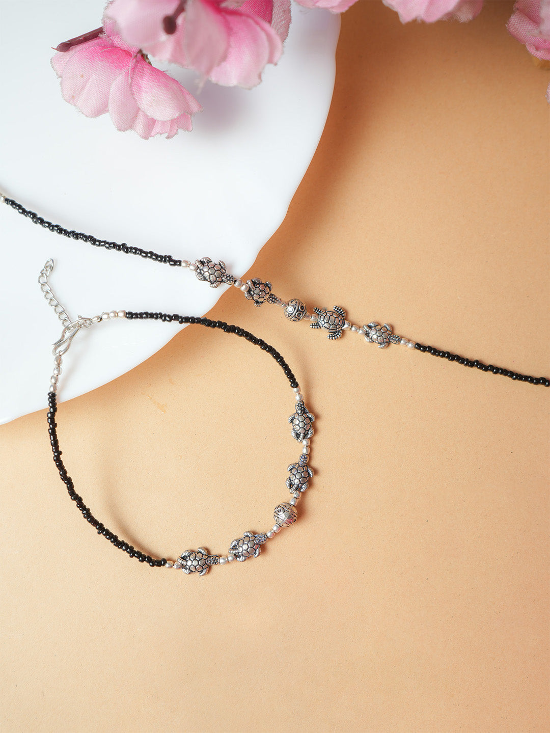 Delicate Black Beaded Silver Charm Anklet