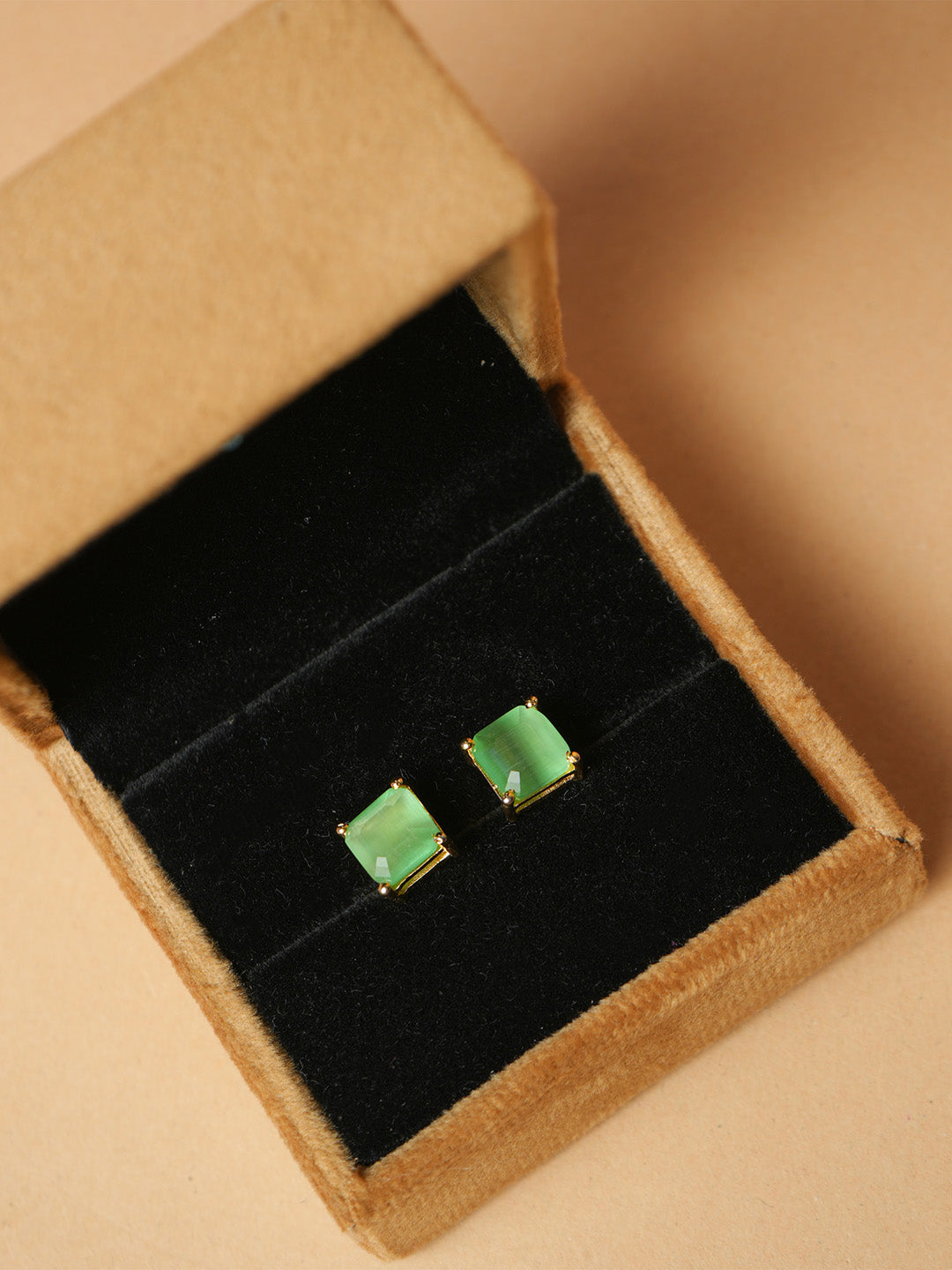 Minimalist Green Square Stud Earrings with Gold Plating