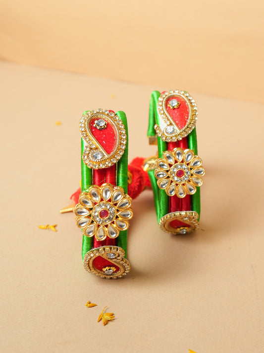 Handcrafted Red and Green Silk Thread Bangles with Kundan and Paisley Accents