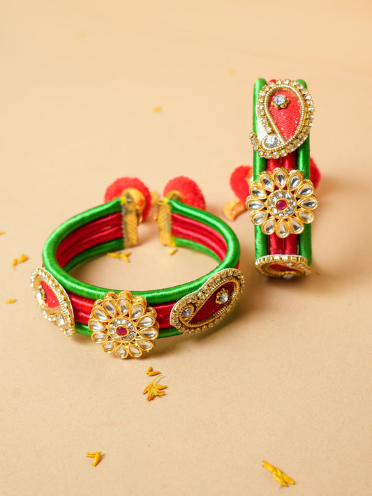 Handcrafted Red and Green Silk Thread Bangles with Kundan and Paisley Accents