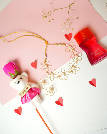 Valentine's Day Special Gift Combo - Floral Necklace, Perfume, and Teddy