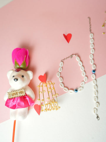 Romantic Gift Set: Shell Anklet, Gold-Toned Bracelet & Teddy Bear