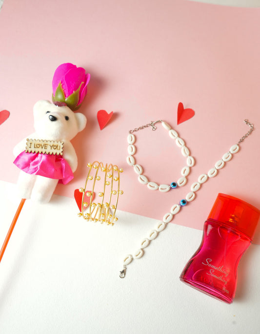 Romantic Gift Set: Shell Anklet, Gold-Toned Bracelet, Teddy Bear, and Perfume