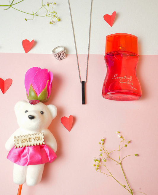 Black Bar Pendant & Ring with Cute Teddy And Perfume Combo Set