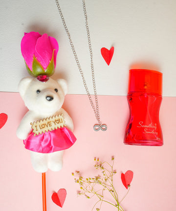 Elegant Gift Combo for Her – Infinity Pendant Necklace, Perfume & Cute Teddy