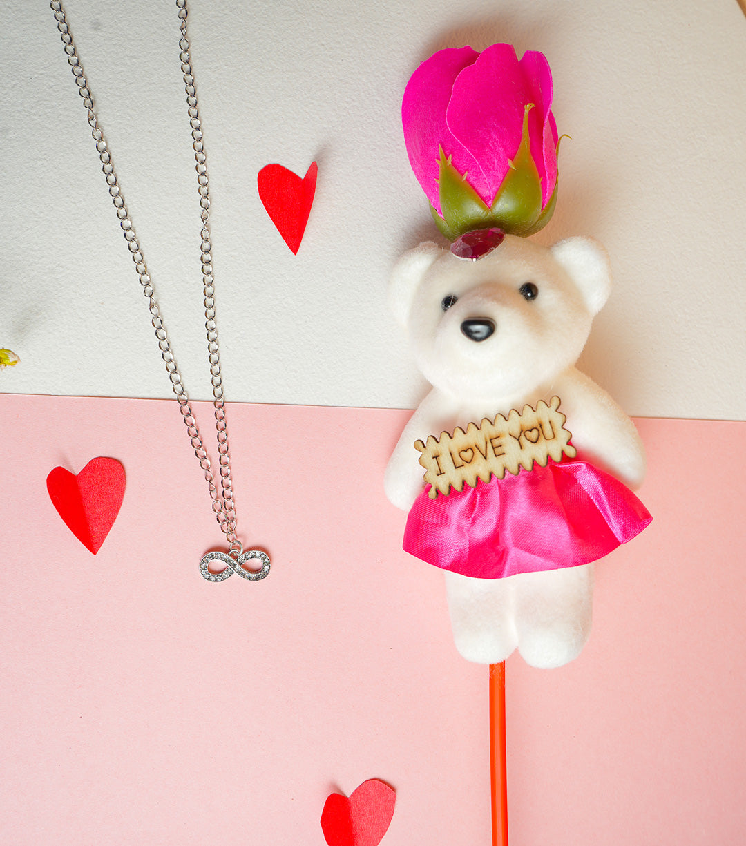 Infinity Pendant Necklace & Cute Teddy Combo Gift Set