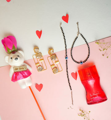 Romantic Gift Combo - Earrings, Evil Eye Anklet, Perfume & Teddy Bear