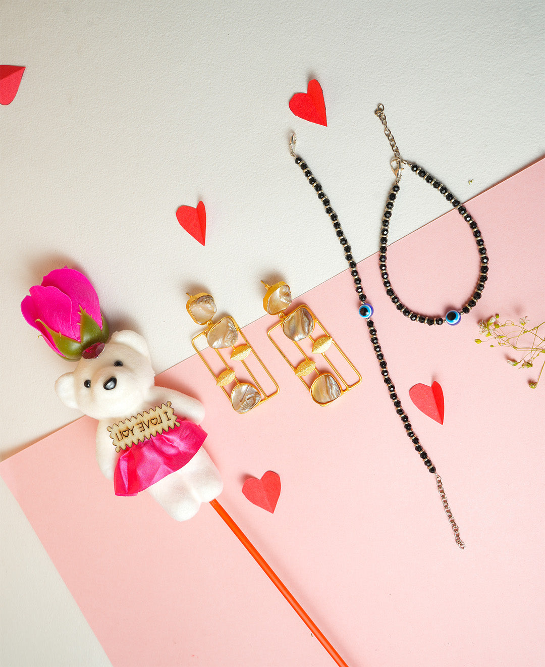 Romantic Gift Combo - Earrings, Evil Eye Anklet & Teddy Bear