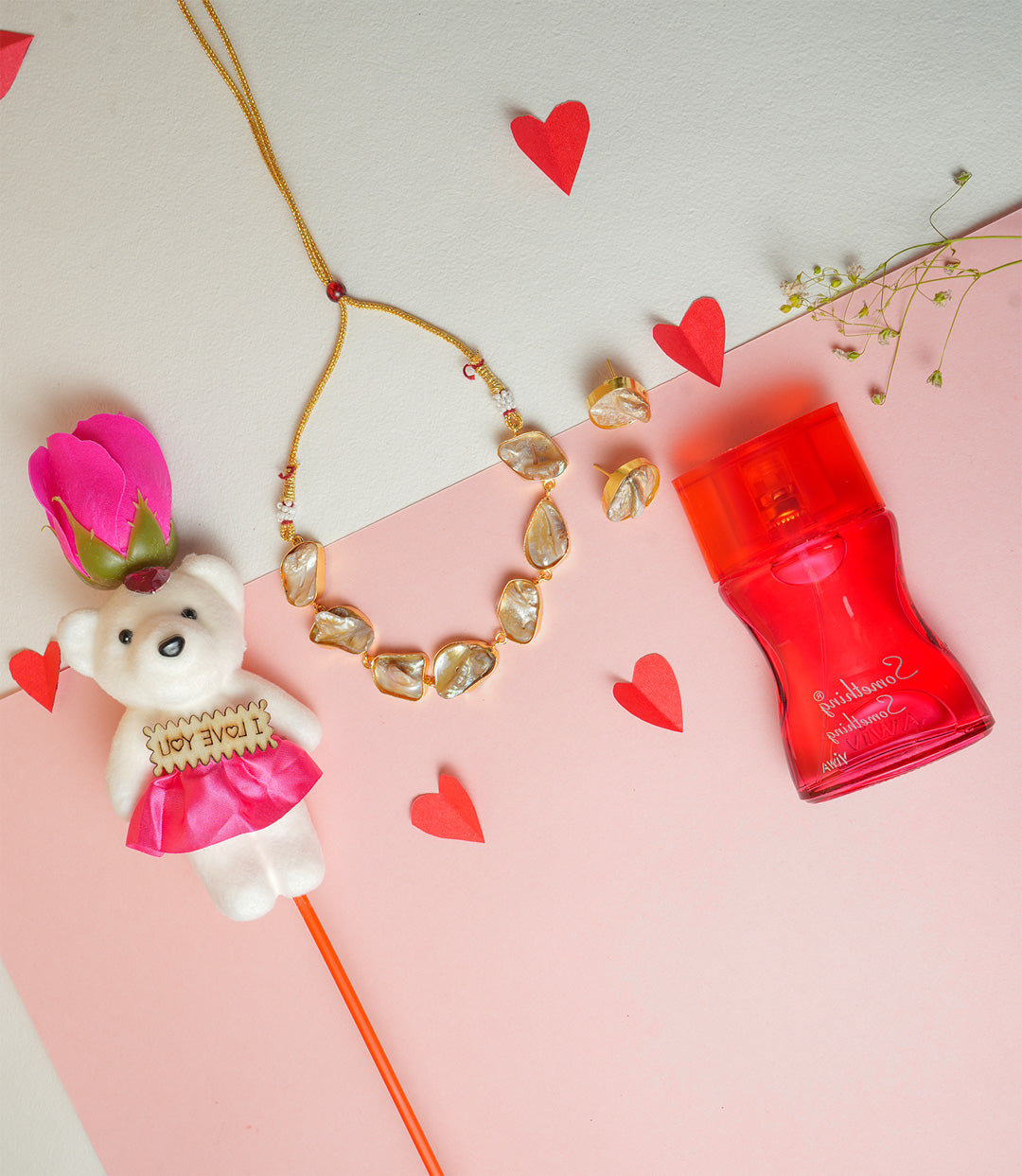 Gold-Toned Crystal Necklace with Teddy and Perfume