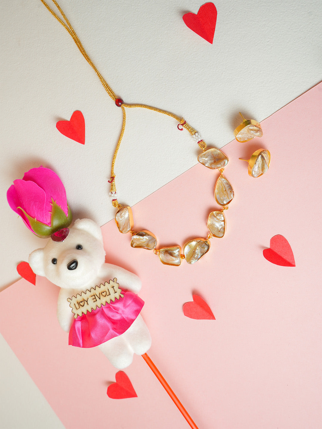 Gold-Toned Crystal Necklace with Teddy Gift Combo