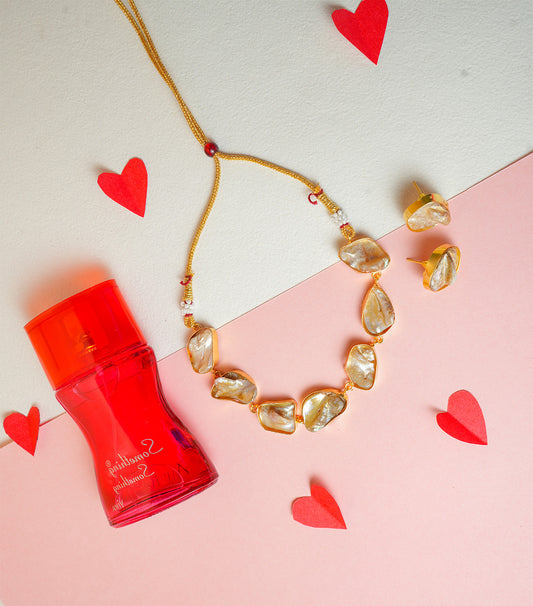 Gold-Toned Crystal Necklace with Perfume Gift combo