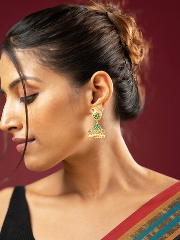 Viraasi Exquisite Gold-Plated Emerald and Pearl Jhumka Earrings