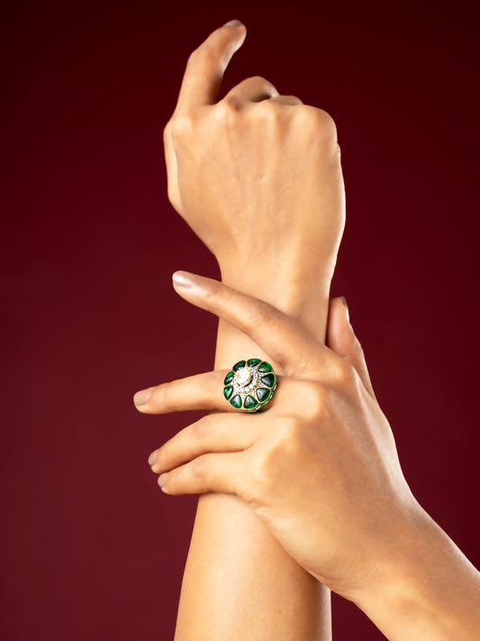 Viraasi Gold Plated Emerald & Kundan Adjustable Ring