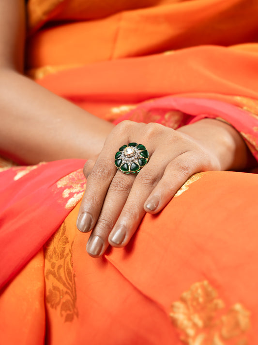 Viraasi Gold Plated Emerald & Kundan Adjustable Ring