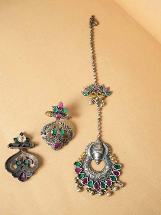 Elegant Oxidised Maang Tikka & Earring Combo Set