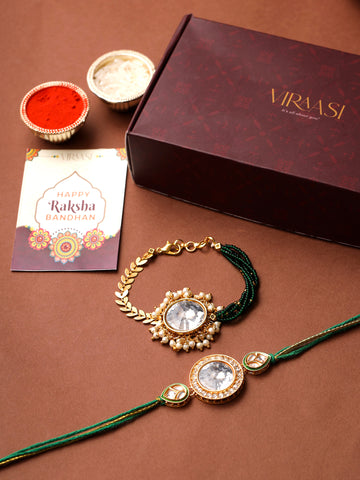 Green and Gold-Toned Kundan Bhaiya Bhabhi Rakhi Bracelet