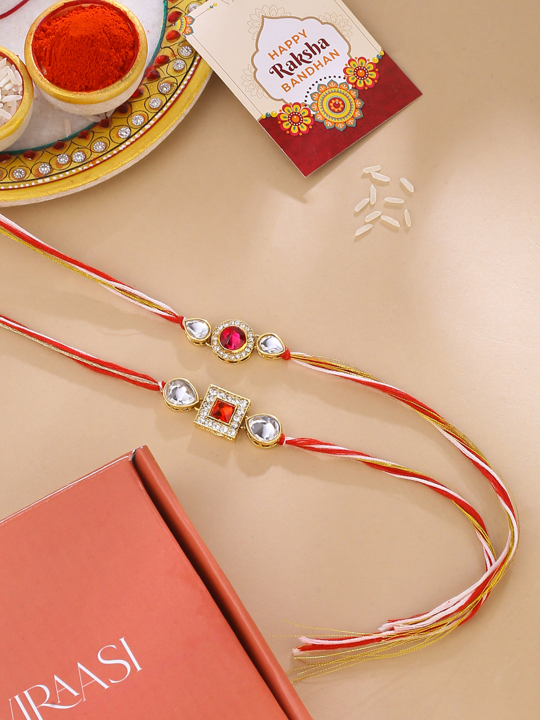 Kundan Rakhi Combo gift set with Jade Plant