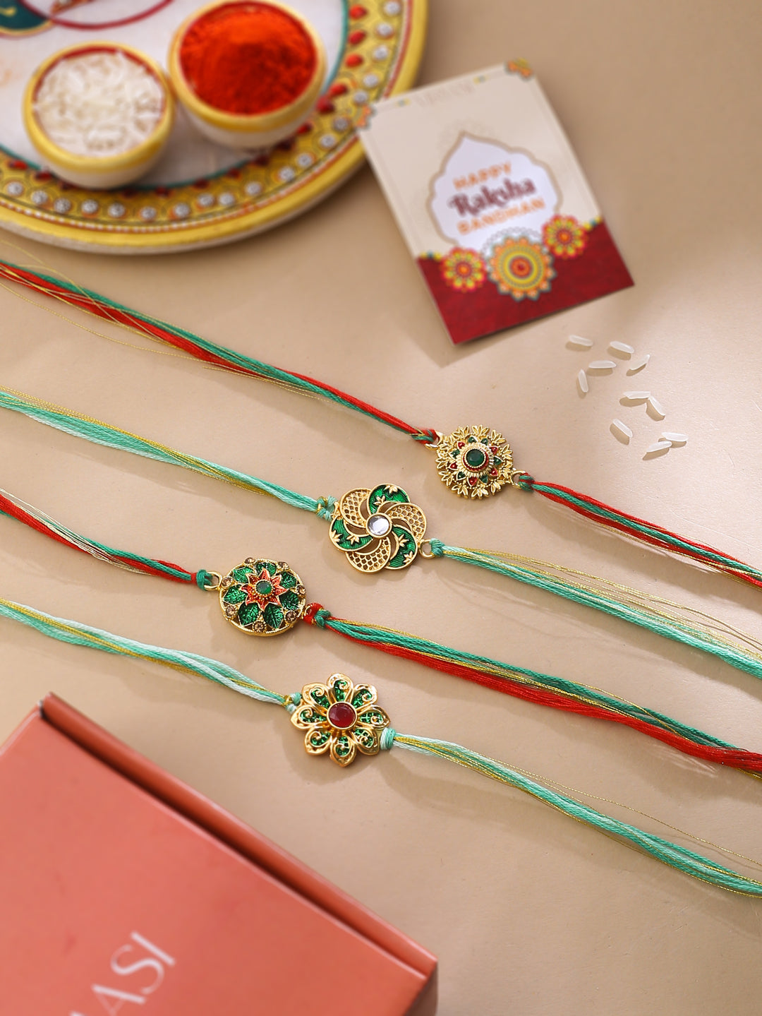 Set of 4 Rakhi Combo with Roli Chawal and Get 1 Rakhi Free